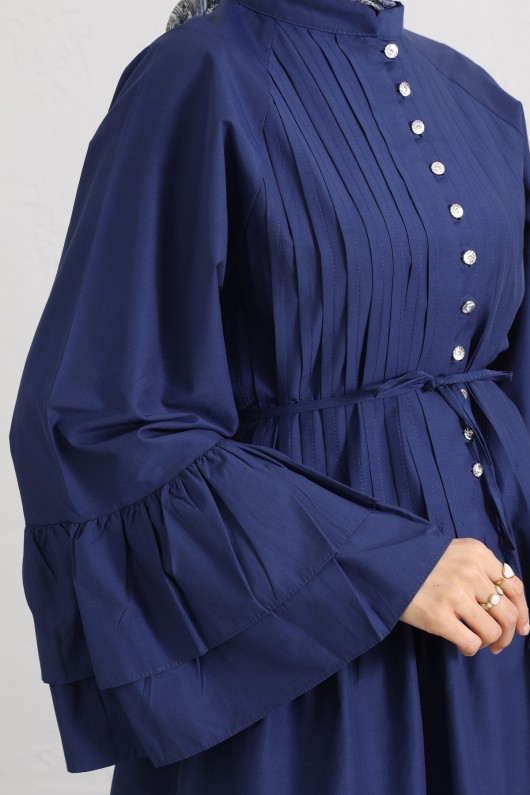 Volan Kollu Nervürlü Tunik Y0104 - İNDİGO Volan Kollu Nervürlü Tunik Y0104 - İNDİGO