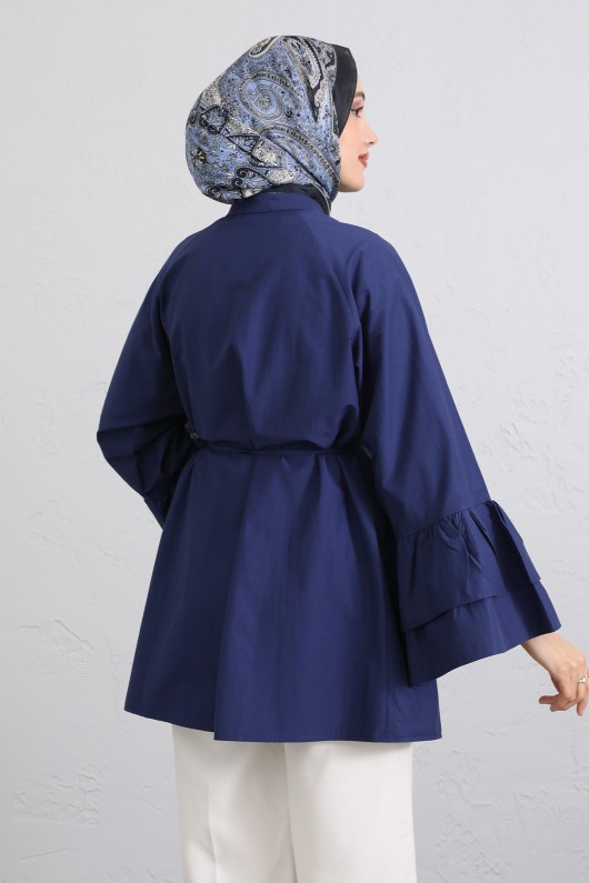 Volan Kollu Nervürlü Tunik Y0104 - İNDİGO Volan Kollu Nervürlü Tunik Y0104 - İNDİGO
