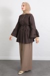 Volan Kollu Nervürlü Tunik Y0104 - KAHVERENGİ Volan Kollu Nervürlü Tunik Y0104 - KAHVERENGİ