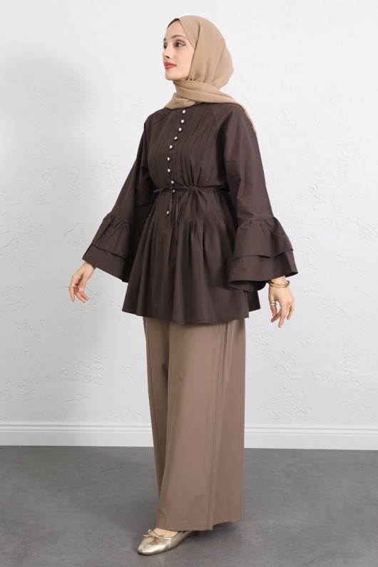 Volan Kollu Nervürlü Tunik Y0104 - KAHVERENGİ Volan Kollu Nervürlü Tunik Y0104 - KAHVERENGİ