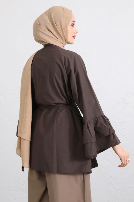 Volan Kollu Nervürlü Tunik Y0104 - KAHVERENGİ Volan Kollu Nervürlü Tunik Y0104 - KAHVERENGİ