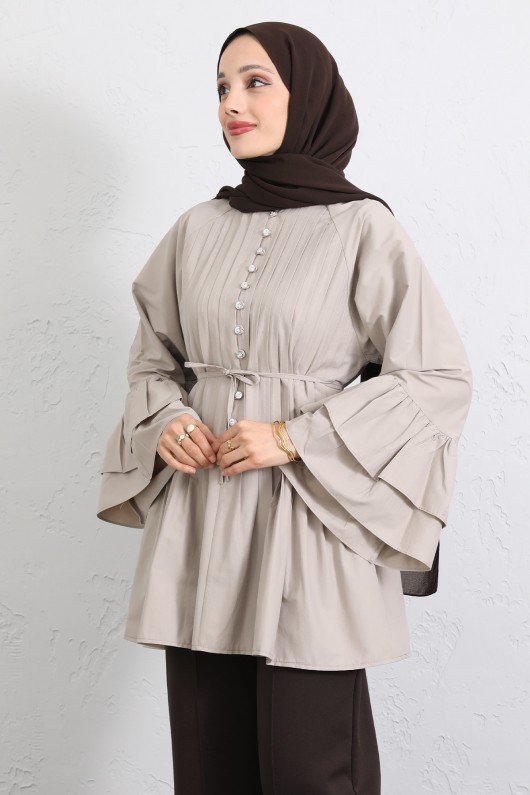 Volan Kollu Nervürlü Tunik Y0104 - TAŞ RENGİ Volan Kollu Nervürlü Tunik Y0104 - TAŞ RENGİ