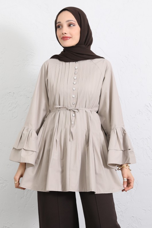 Volan Kollu Nervürlü Tunik Y0104 - TAŞ RENGİ Volan Kollu Nervürlü Tunik Y0104 - TAŞ RENGİ