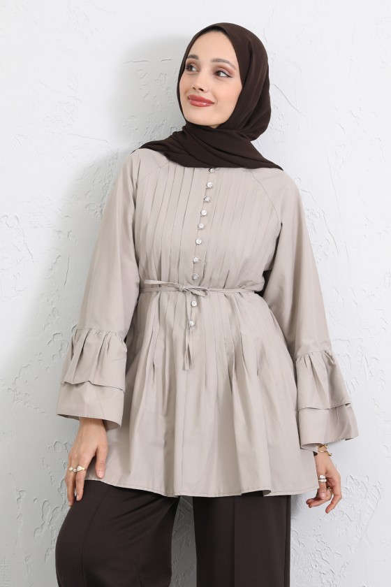 Volan Kollu Nervürlü Tunik Y0104 - TAŞ RENGİ Volan Kollu Nervürlü Tunik Y0104 - TAŞ RENGİ