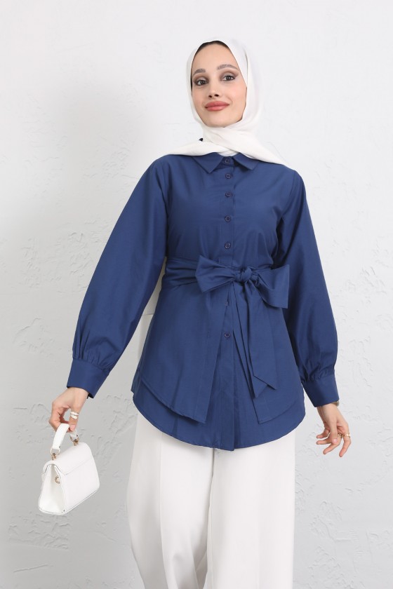 Çapraz Kuşaklı Gömlek Y0105 - İNDİGO