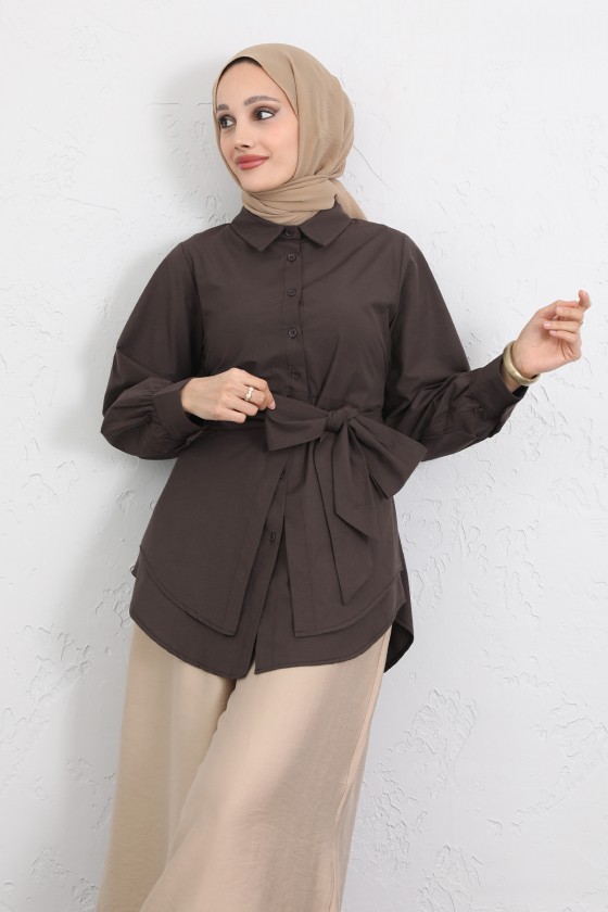 Çapraz Kuşaklı Gömlek Y0105 - KAHVERENGİ