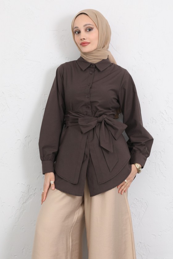 Çapraz Kuşaklı Gömlek Y0105 - KAHVERENGİ