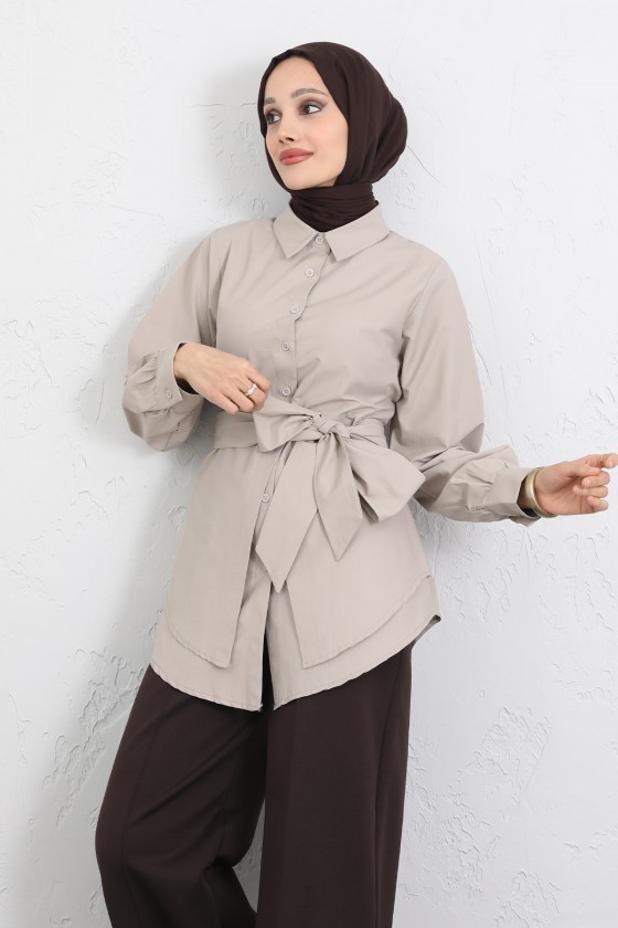 Çapraz Kuşaklı Gömlek Y0105 - TAŞ RENGİ