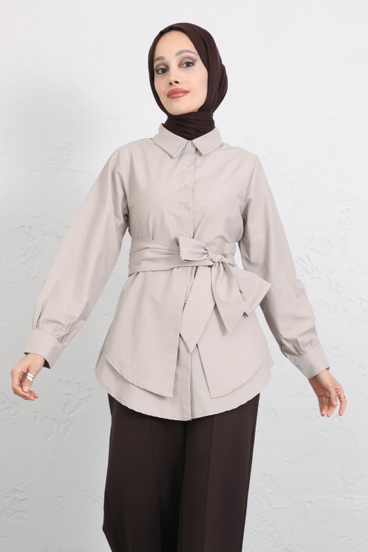 Çapraz Kuşaklı Gömlek Y0105 - TAŞ RENGİ
