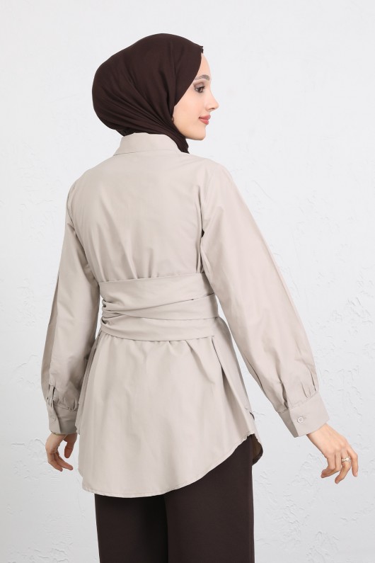 Çapraz Kuşaklı Gömlek Y0105 - TAŞ RENGİ