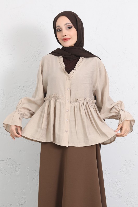 Fırfır Yaka Peplum Gömlek Y0107 - BEJ