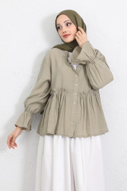Fırfır Yaka Peplum Gömlek Y0107 - AÇIK HAKİ
