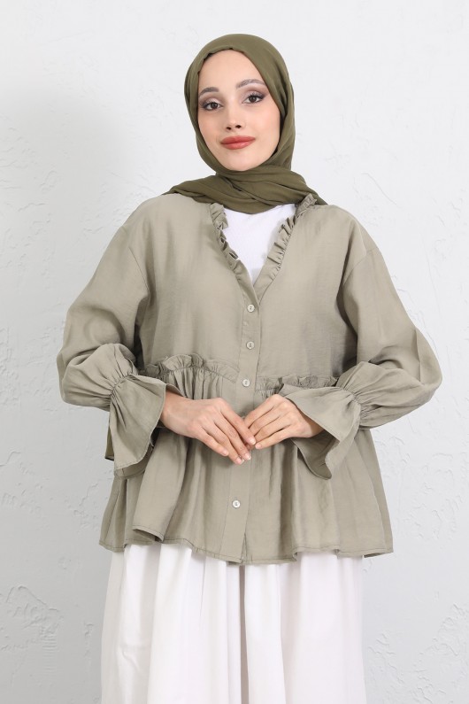 Fırfır Yaka Peplum Gömlek Y0107 - AÇIK HAKİ