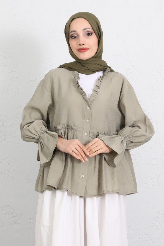 Fırfır Yaka Peplum Gömlek Y0107 - AÇIK HAKİ