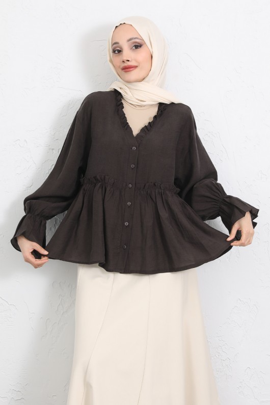 Fırfır Yaka Peplum Gömlek Y0107 - KAHVERENGİ