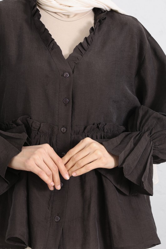 Fırfır Yaka Peplum Gömlek Y0107 - KAHVERENGİ