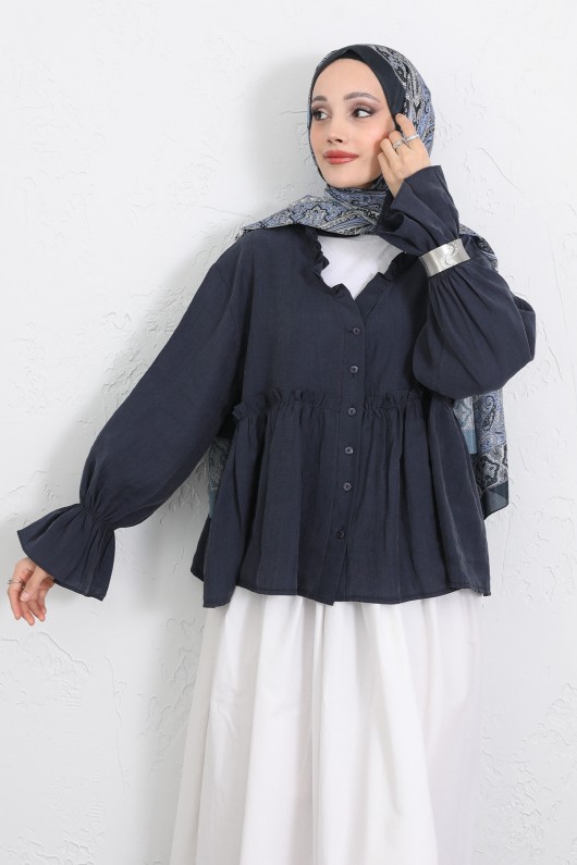 Fırfır Yaka Peplum Gömlek Y0107 - LACİVERT