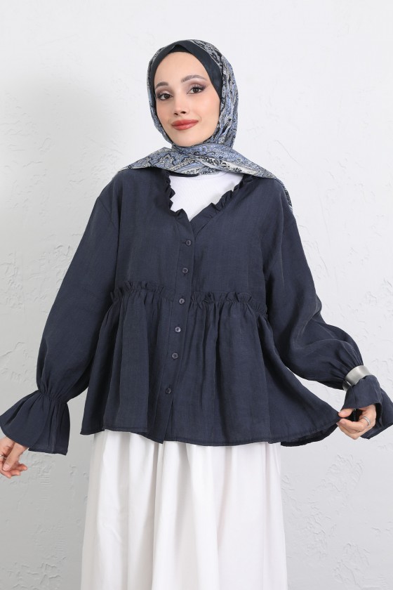 Fırfır Yaka Peplum Gömlek Y0107 - LACİVERT