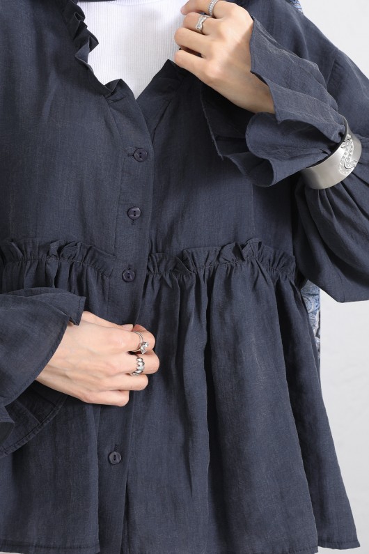 Fırfır Yaka Peplum Gömlek Y0107 - LACİVERT