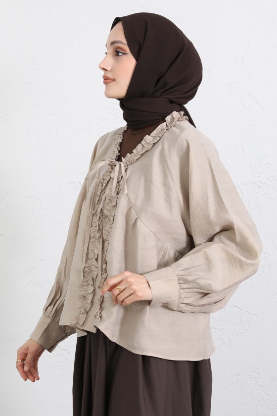  Yaka Bağcıklı Fırfırlı Gömlek Y0108 - BEJ