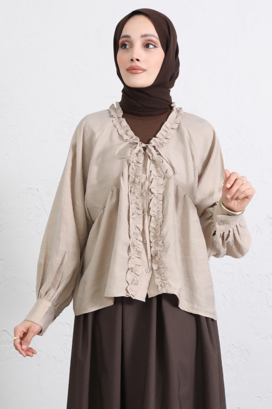  Yaka Bağcıklı Fırfırlı Gömlek Y0108 - BEJ
