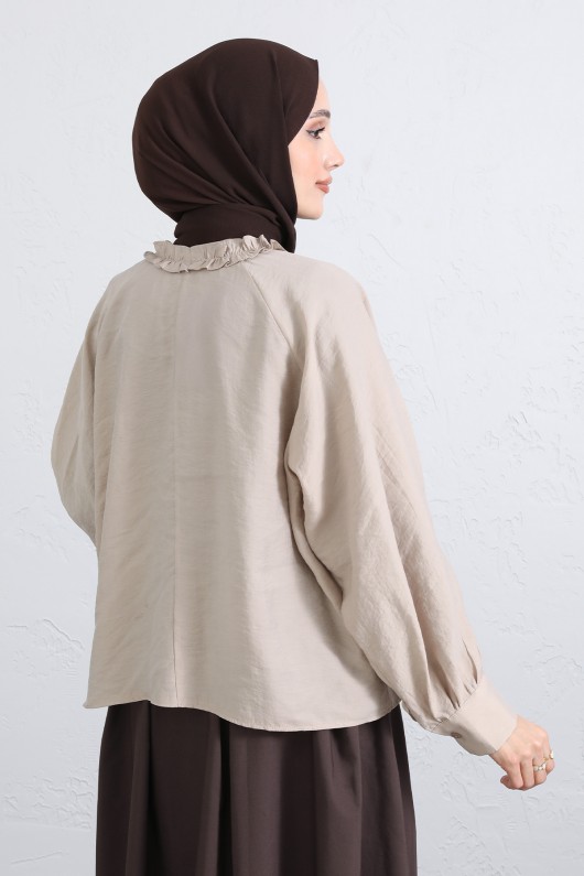 Yaka Bağcıklı Fırfırlı Gömlek Y0108 - BEJ