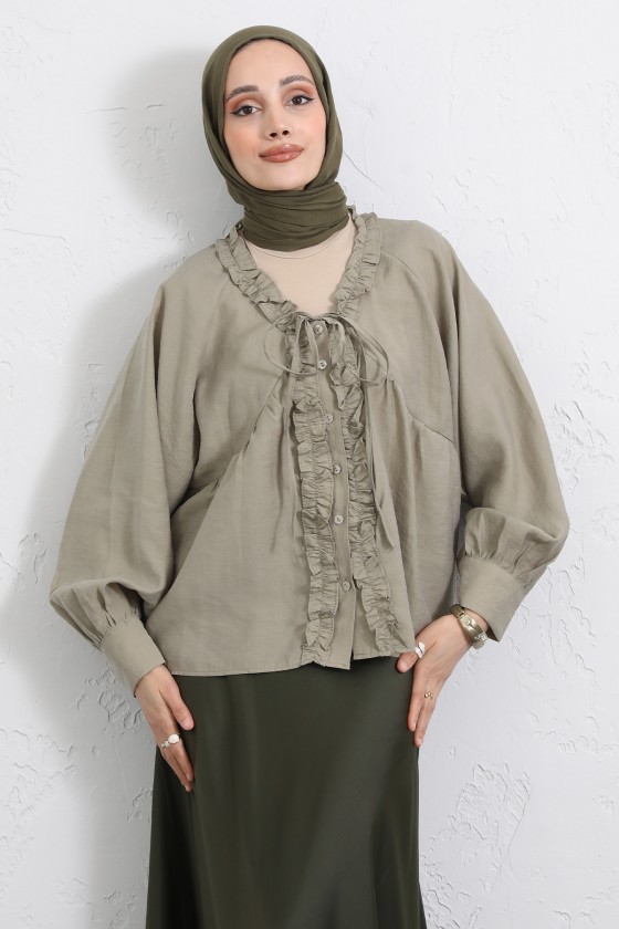  Yaka Bağcıklı Fırfırlı Gömlek Y0108 - HAKİ