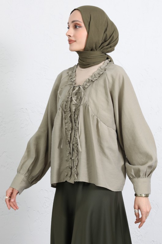  Yaka Bağcıklı Fırfırlı Gömlek Y0108 - HAKİ