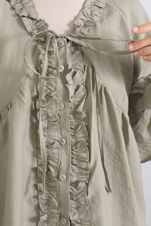  Yaka Bağcıklı Fırfırlı Gömlek Y0108 - HAKİ