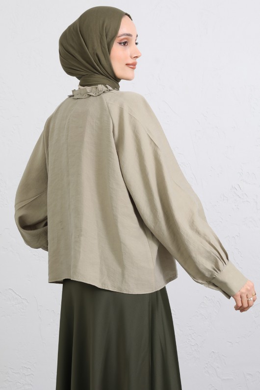  Yaka Bağcıklı Fırfırlı Gömlek Y0108 - HAKİ