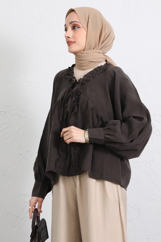  Yaka Bağcıklı Fırfırlı Gömlek Y0108 - KAHVERENGİ