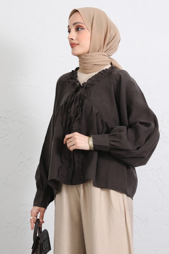  Yaka Bağcıklı Fırfırlı Gömlek Y0108 - KAHVERENGİ