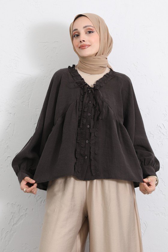  Yaka Bağcıklı Fırfırlı Gömlek Y0108 - KAHVERENGİ