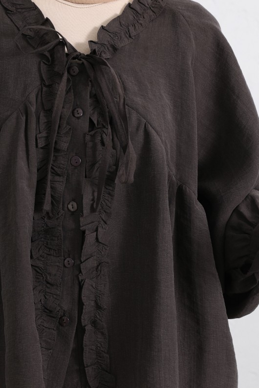  Yaka Bağcıklı Fırfırlı Gömlek Y0108 - KAHVERENGİ