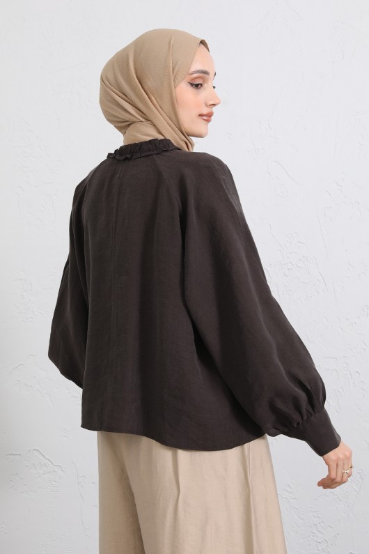  Yaka Bağcıklı Fırfırlı Gömlek Y0108 - KAHVERENGİ