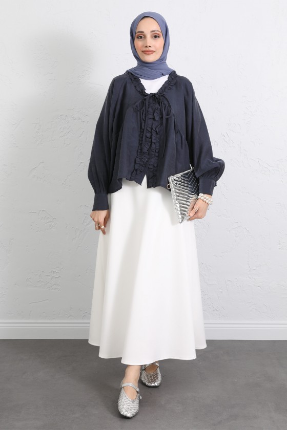  Yaka Bağcıklı Fırfırlı Gömlek Y0108 - LACİVERT