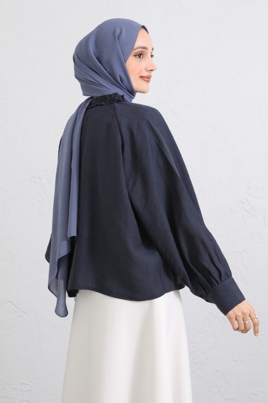  Yaka Bağcıklı Fırfırlı Gömlek Y0108 - LACİVERT