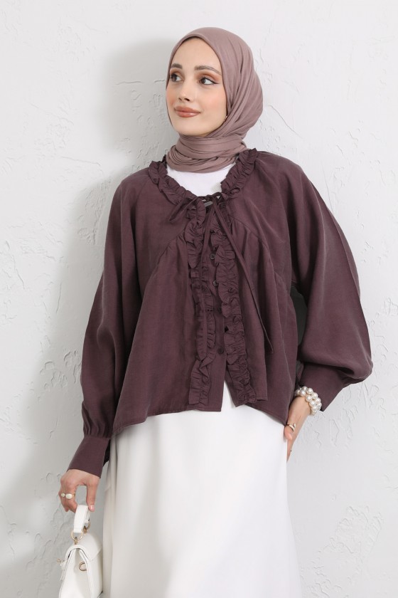  Yaka Bağcıklı Fırfırlı Gömlek Y0108 - MÜRDÜM