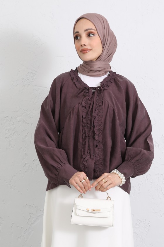  Yaka Bağcıklı Fırfırlı Gömlek Y0108 - MÜRDÜM