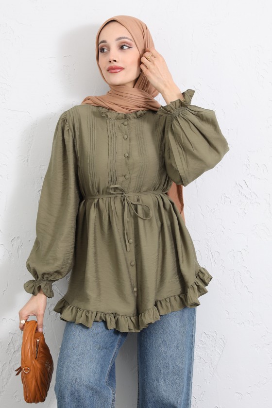 Yaka Nervürlü Gömlek Y0109 - HAKİ