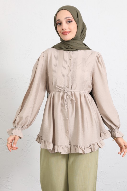 Yaka Nervürlü Gömlek Y0109 - TAŞ RENGİ