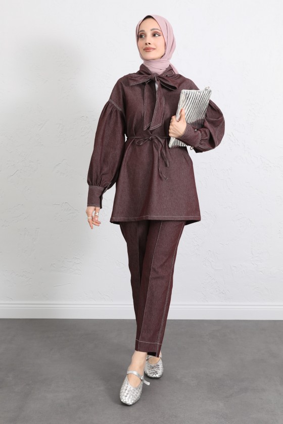 Yaka Bağlamalı Denim Takım Y0114 - BORDO