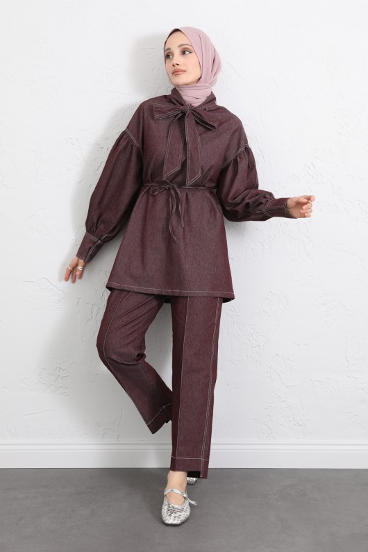 Yaka Bağlamalı Denim Takım Y0114 - BORDO
