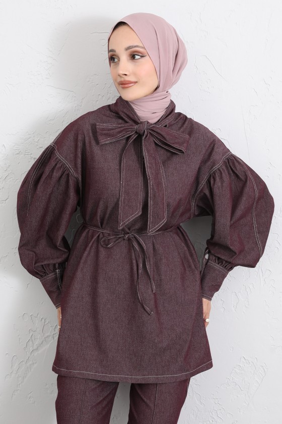Yaka Bağlamalı Denim Takım Y0114 - BORDO