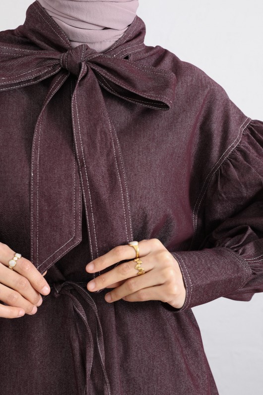 Yaka Bağlamalı Denim Takım Y0114 - BORDO