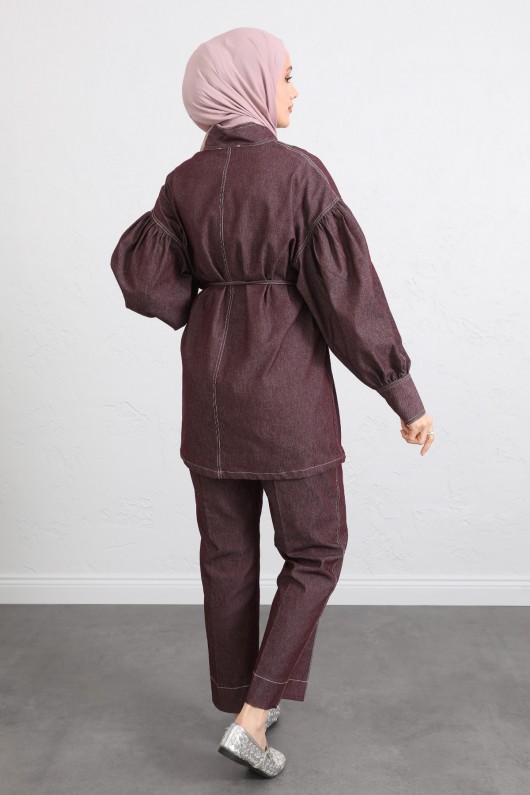 Yaka Bağlamalı Denim Takım Y0114 - BORDO