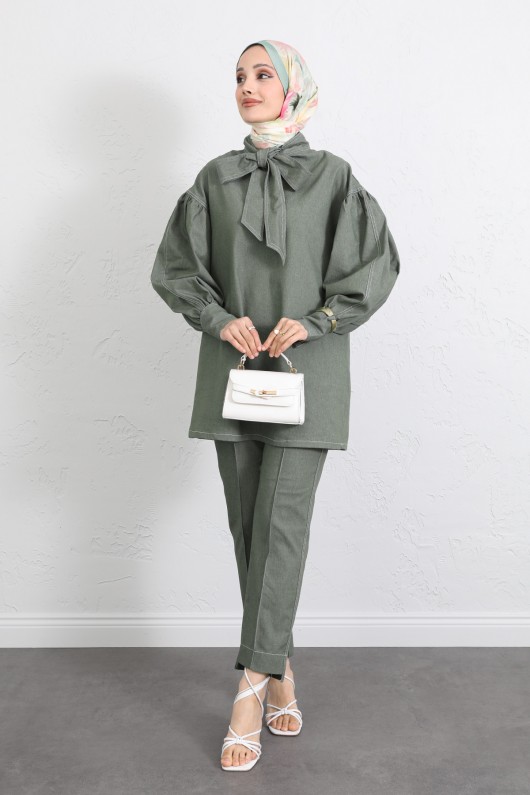 Yaka Bağlamalı Denim Takım Y0114 - HAKİ