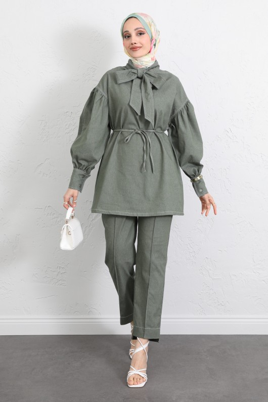 Yaka Bağlamalı Denim Takım Y0114 - HAKİ