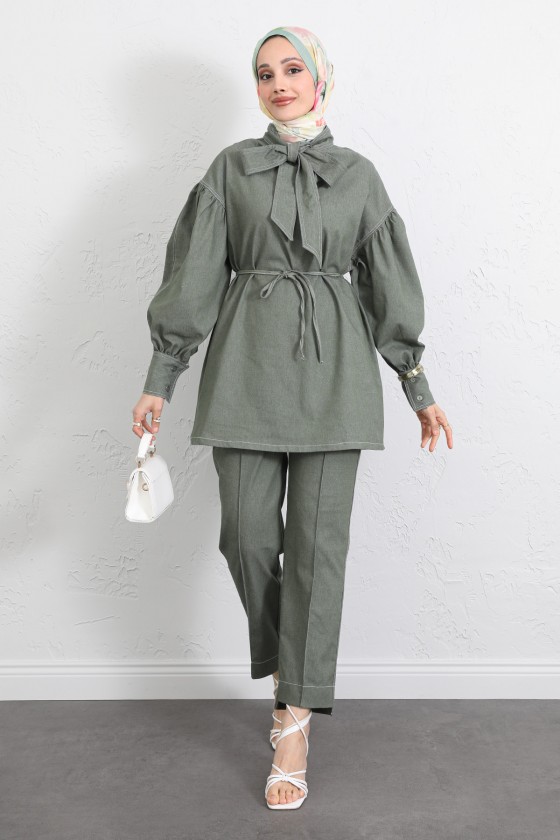 Yaka Bağlamalı Denim Takım Y0114 - HAKİ