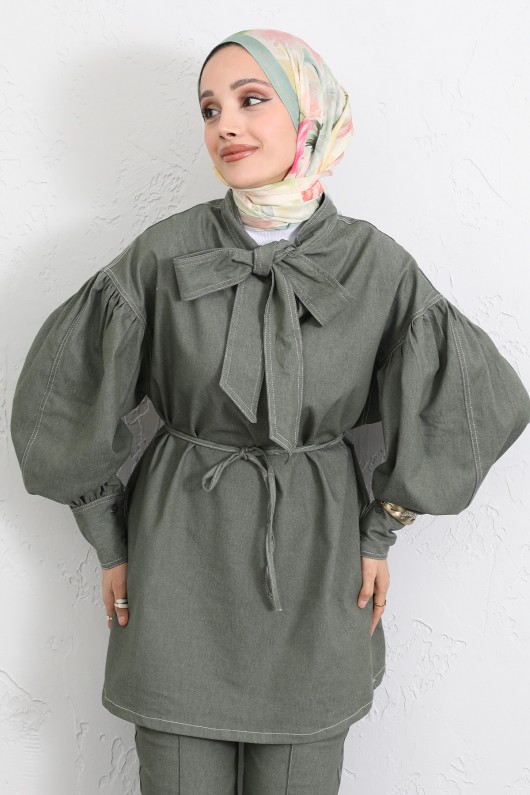 Yaka Bağlamalı Denim Takım Y0114 - HAKİ